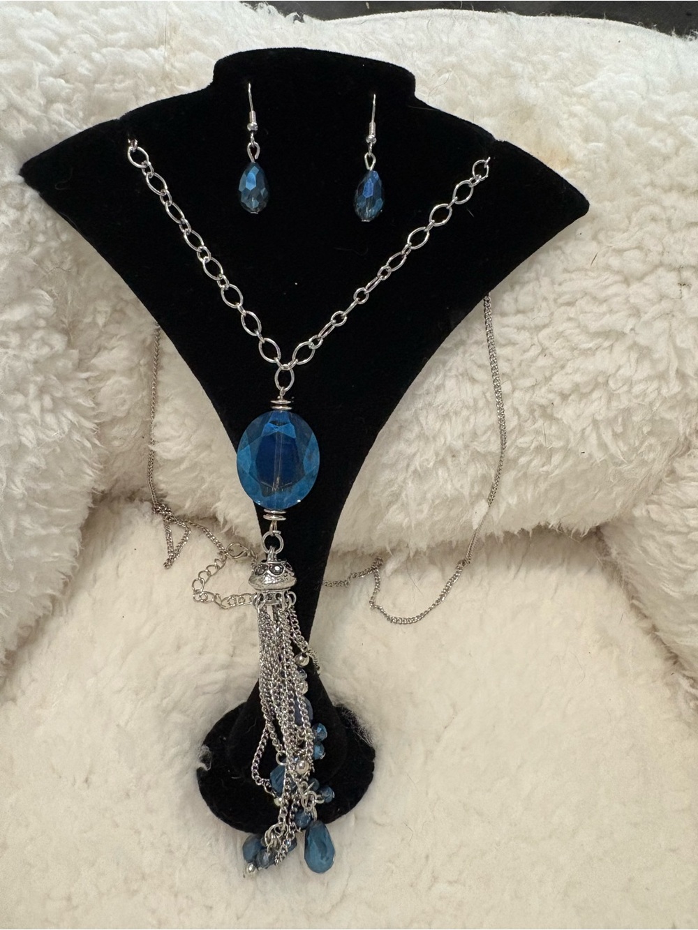 Silver-Tone Blue Crystal Tassel Necklace with Matching Earrings